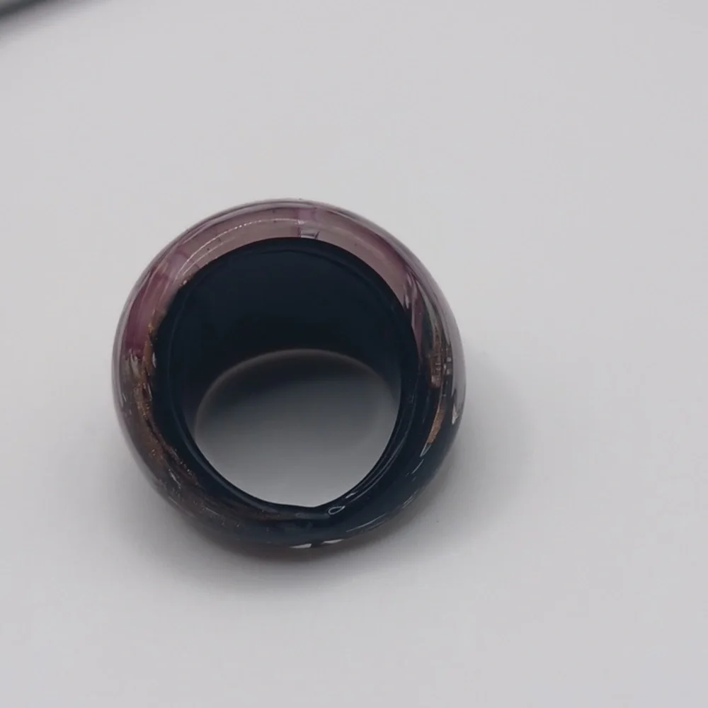 Black Glass Art Ring With A Pink Floral Design